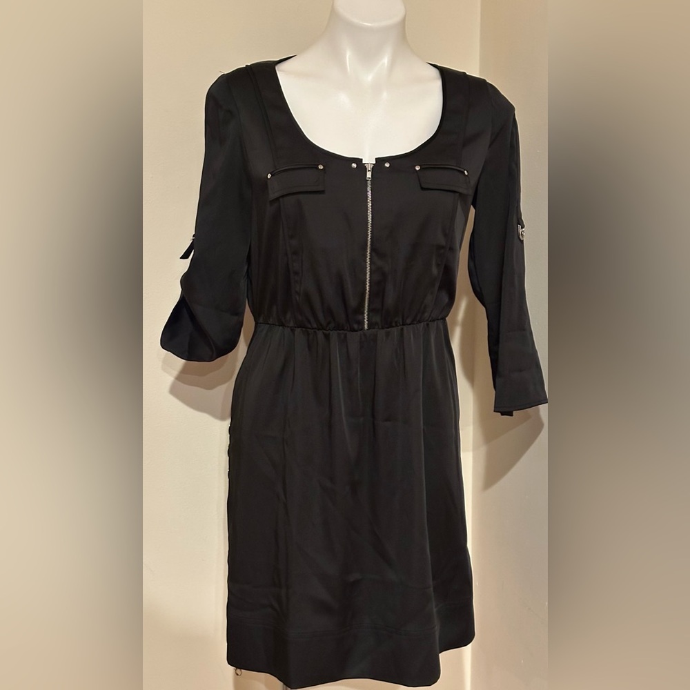 WHBM NWT Black Satin Long Tab Sleeves Dress Metal Zip Belt included. Sz 4